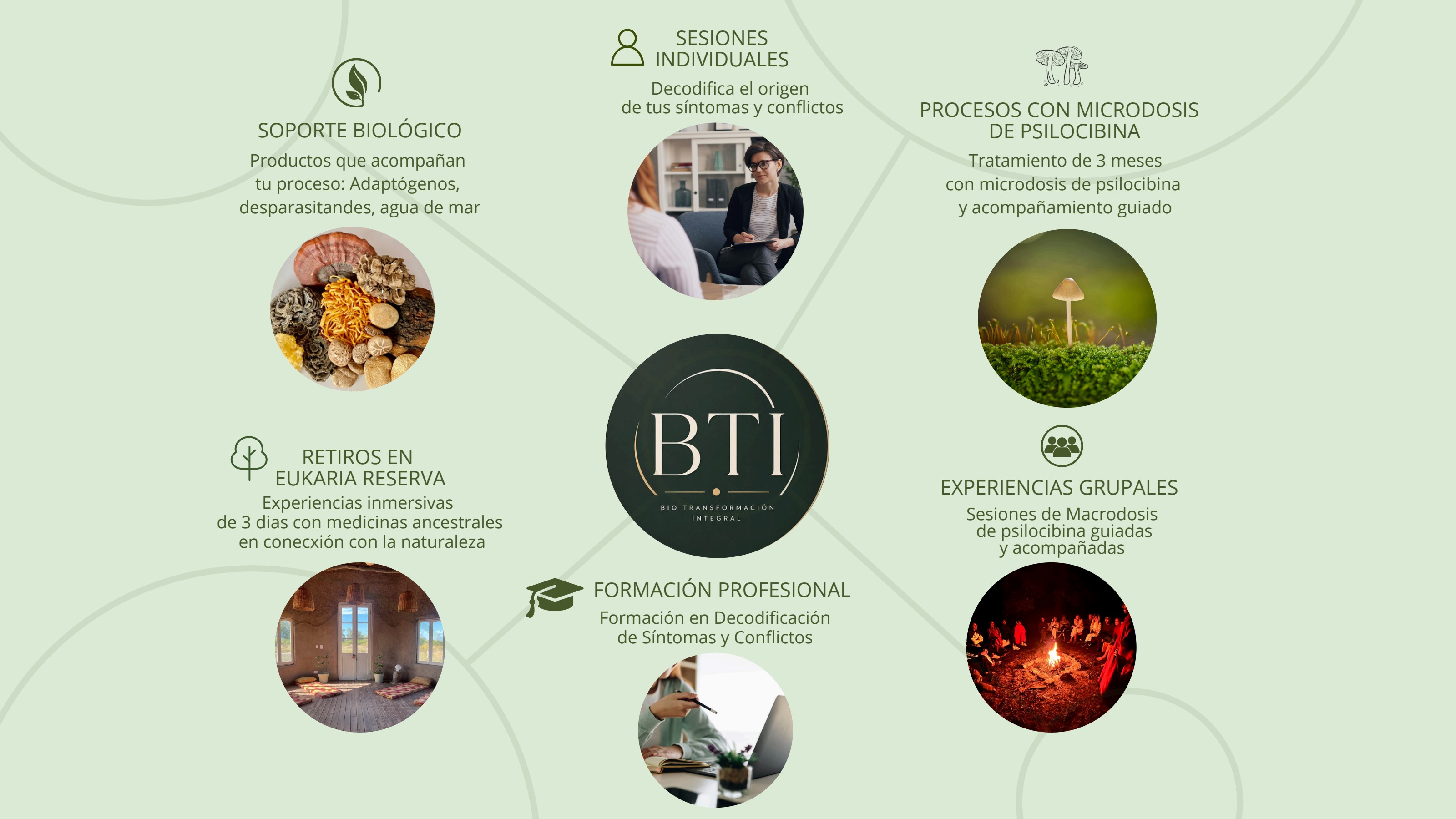 Ecosistema BTI: Sesiones, Microdosis, Macrodosis, Retiros, Formación y Soporte Biológico